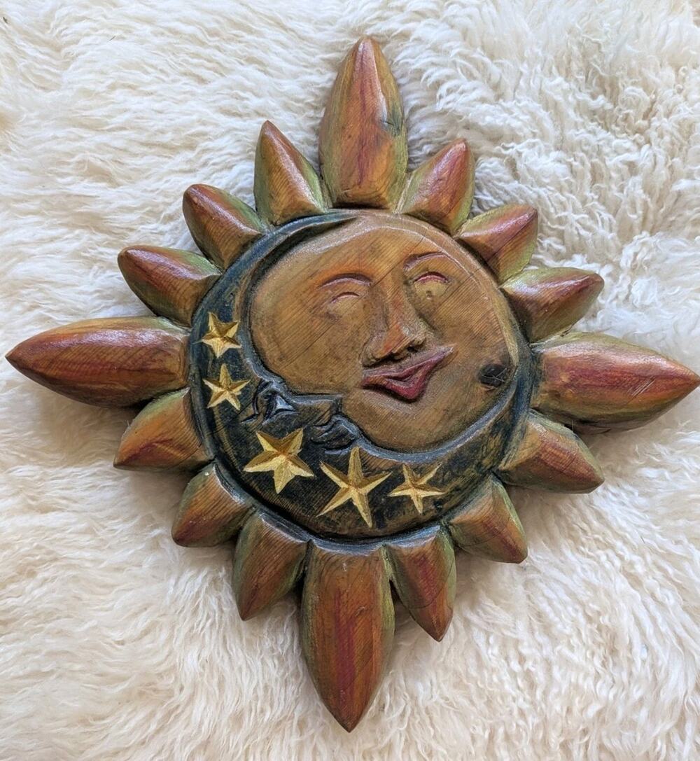 Vintage Hand Carved Wood Sun Moon Celestial Wall Hanging Plaque 14" Sunburst Art